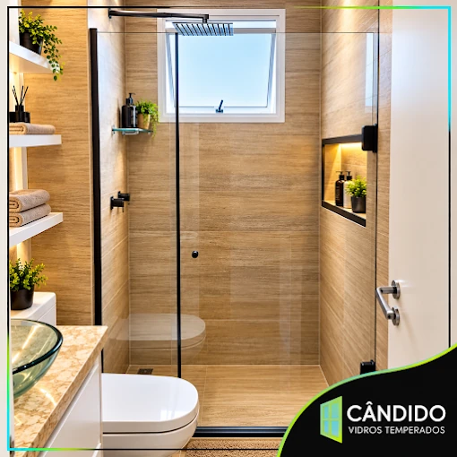 Box de vidro no banheiro com revestimento amadeirado, foto publicada pela Cândido Vidros